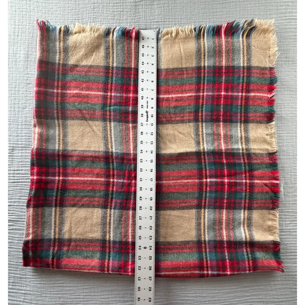 Tan Red Green Plaid Square Blanket Scarf Oversized Fringe Shawl Wrap Wrap